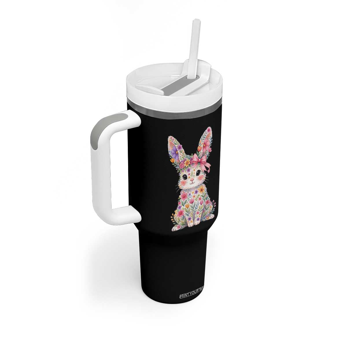 Cute Floral Easter Bunny Graphic Tumbler With Handle Adorable Spring Rabbit with Flowers Pastel Aesthetic Gift TS02 Print Your Wear