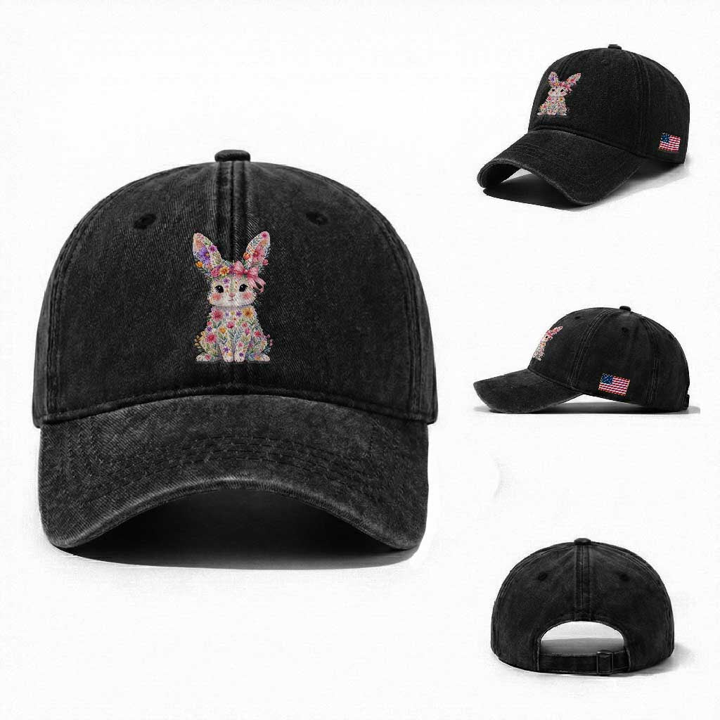 Cute Floral Easter Bunny Graphic Washed Cotton Baseball Cap Adorable Spring Rabbit with Flowers Pastel Aesthetic Gift TS02 Washed Cap Universal Fit Black Print Your Wear
