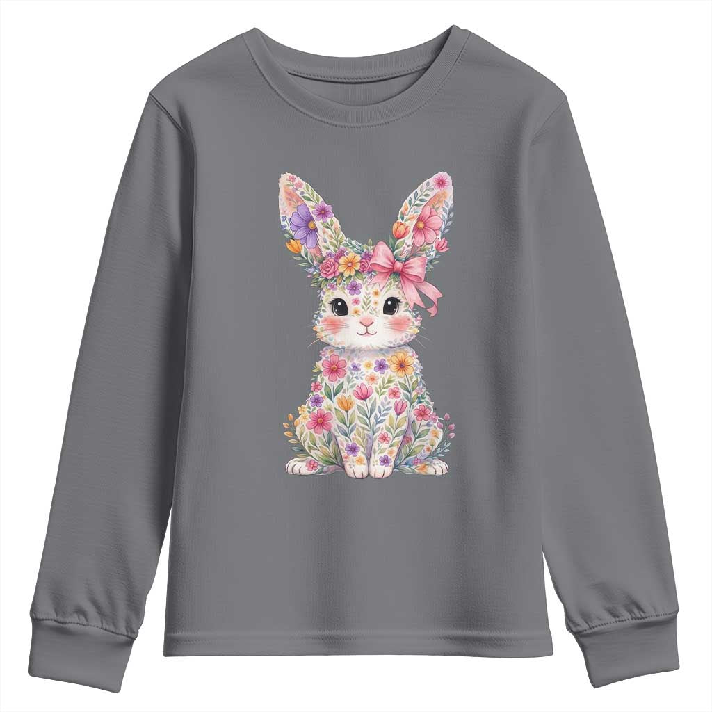 Cute Floral Easter Bunny Graphic Youth Sweatshirt Adorable Spring Rabbit with Flowers Pastel Aesthetic Gift TS02 Charcoal Print Your Wear