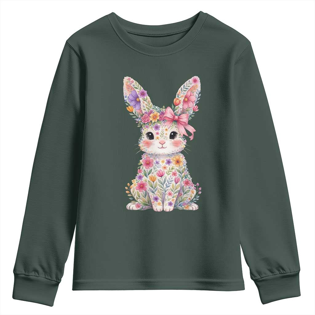 Cute Floral Easter Bunny Graphic Youth Sweatshirt Adorable Spring Rabbit with Flowers Pastel Aesthetic Gift TS02 Dark Forest Green Print Your Wear