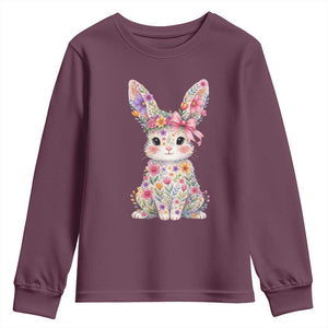 Cute Floral Easter Bunny Graphic Youth Sweatshirt Adorable Spring Rabbit with Flowers Pastel Aesthetic Gift TS02 Maroon Print Your Wear