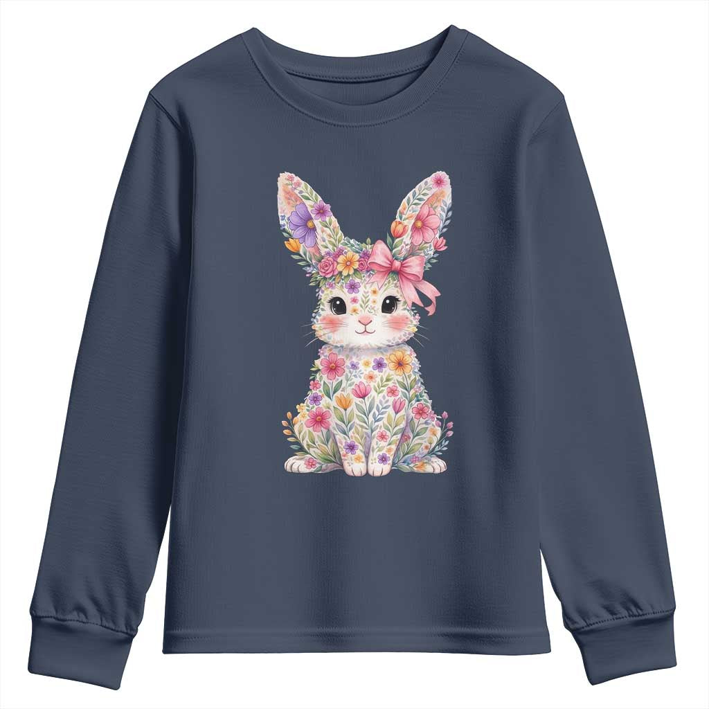 Cute Floral Easter Bunny Graphic Youth Sweatshirt Adorable Spring Rabbit with Flowers Pastel Aesthetic Gift TS02 Navy Print Your Wear