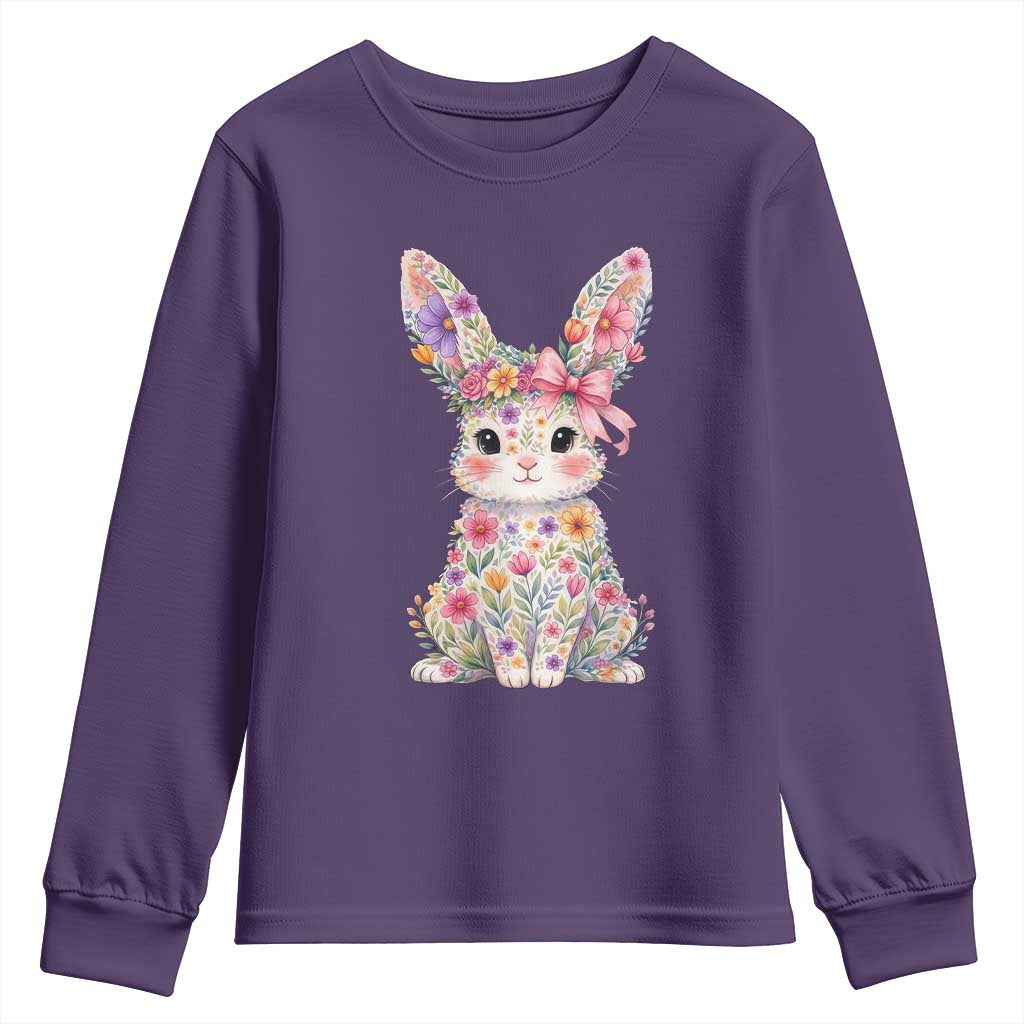 Cute Floral Easter Bunny Graphic Youth Sweatshirt Adorable Spring Rabbit with Flowers Pastel Aesthetic Gift TS02 Purple Print Your Wear