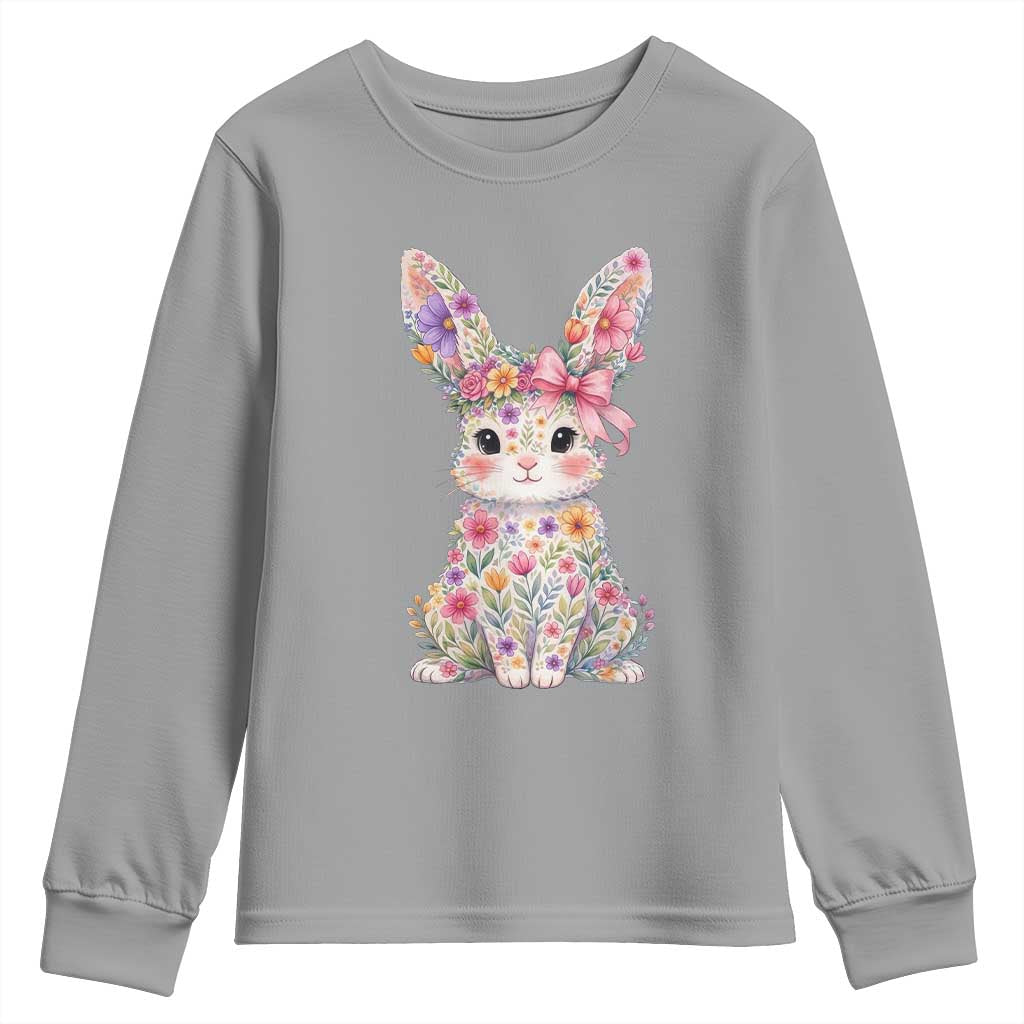 Cute Floral Easter Bunny Graphic Youth Sweatshirt Adorable Spring Rabbit with Flowers Pastel Aesthetic Gift TS02 Sport Gray Print Your Wear