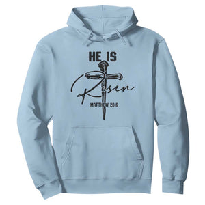 He Is Risen Matthew 28:6 Christian Easter Hoodie Nail Cross Faith Religious Inspirational Gift TS02 Light Blue Print Your Wear