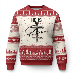 He Is Risen Matthew 28:6 Christian Easter Ugly Christmas Sweater Nail Cross Faith Religious Inspirational Gift TS02 Beige Red Print Your Wear