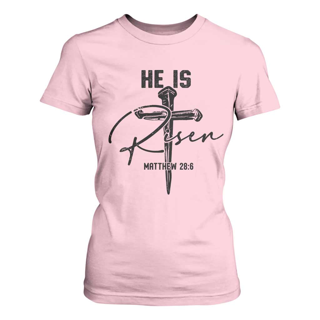 He Is Risen Matthew 28:6 Christian Easter T Shirt For Women Nail Cross Faith Religious Inspirational Gift TS02 Light Pink Print Your Wear
