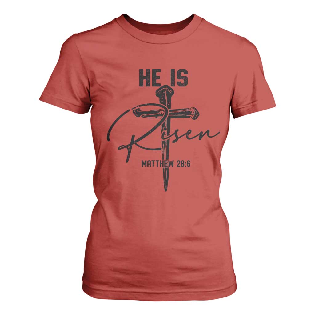 He Is Risen Matthew 28:6 Christian Easter T Shirt For Women Nail Cross Faith Religious Inspirational Gift TS02 Red Print Your Wear