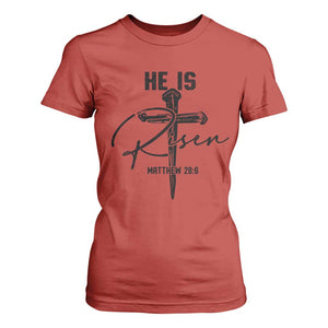 He Is Risen Matthew 28:6 Christian Easter T Shirt For Women Nail Cross Faith Religious Inspirational Gift TS02 Red Print Your Wear