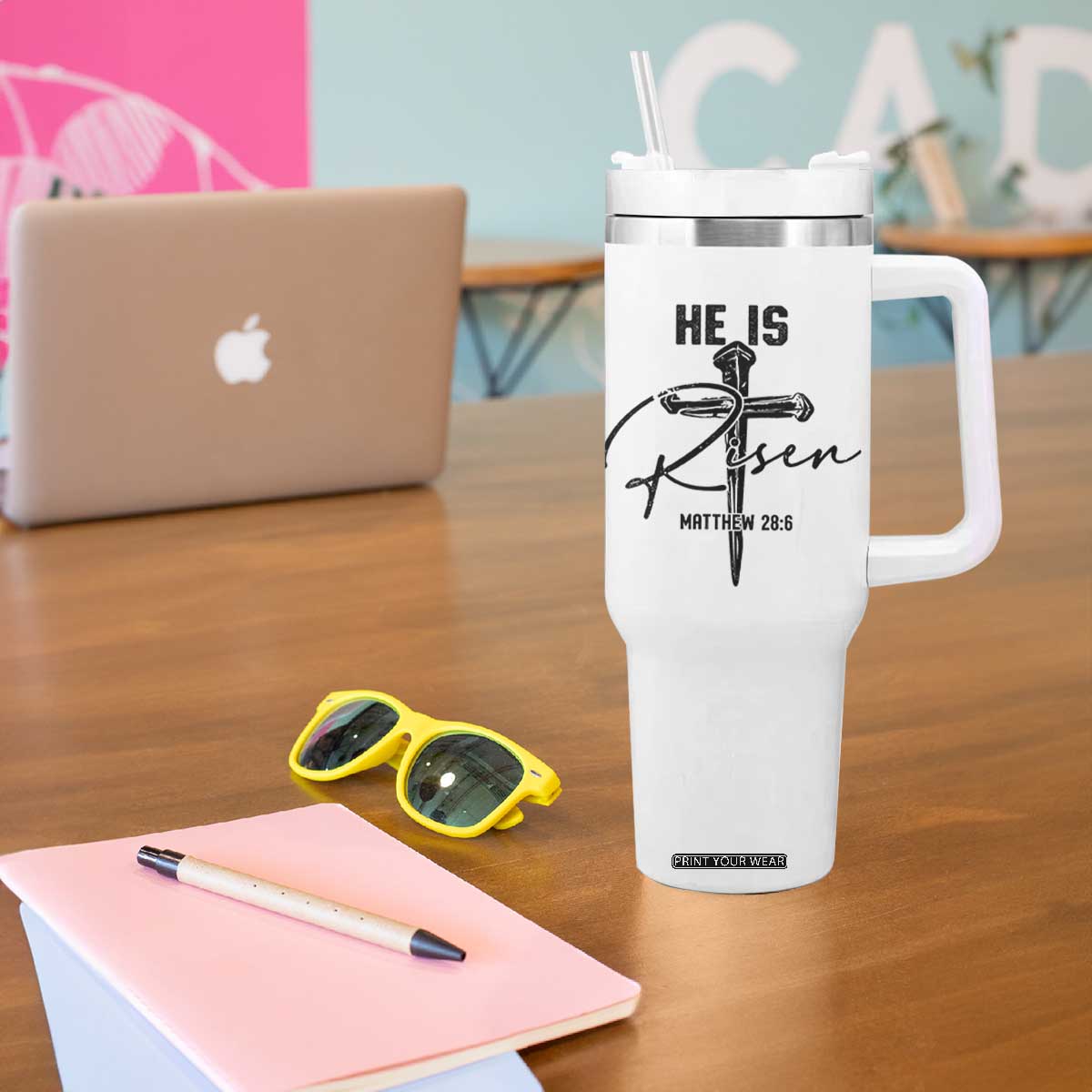 He Is Risen Matthew 28:6 Christian Easter Tumbler With Handle Nail Cross Faith Religious Inspirational Gift TS02 Print Your Wear