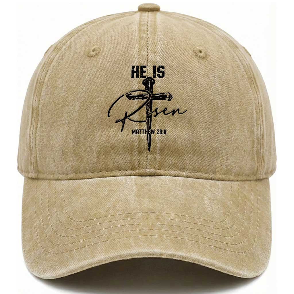 He Is Risen Matthew 28:6 Christian Easter Washed Cotton Baseball Cap Nail Cross Faith Religious Inspirational Gift TS02 Print Your Wear