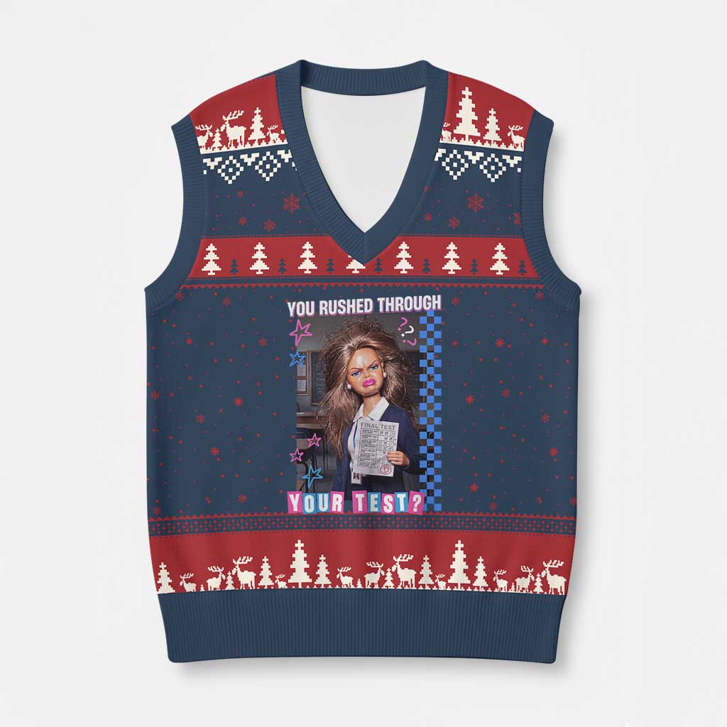 Sarcastic You Rushed Through Your Test Doll Meme V-Neck Knit Sweater Vest Teacher Reaction Humor Final Exams TS02 Navy Red Print Your Wear