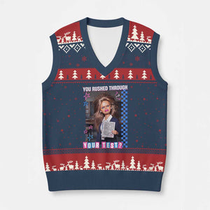 Sarcastic You Rushed Through Your Test Doll Meme V-Neck Knit Sweater Vest Teacher Reaction Humor Final Exams TS02 Navy Red Print Your Wear