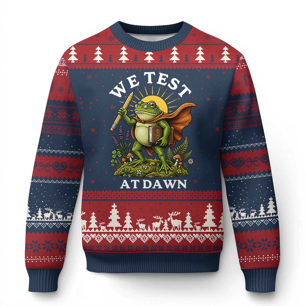 We Test At Dawn Heroic Frog Cottagecore Ugly Christmas Sweater Vintage Teacher Student Motivational Testing Day TS02 Navy Red Print Your Wear