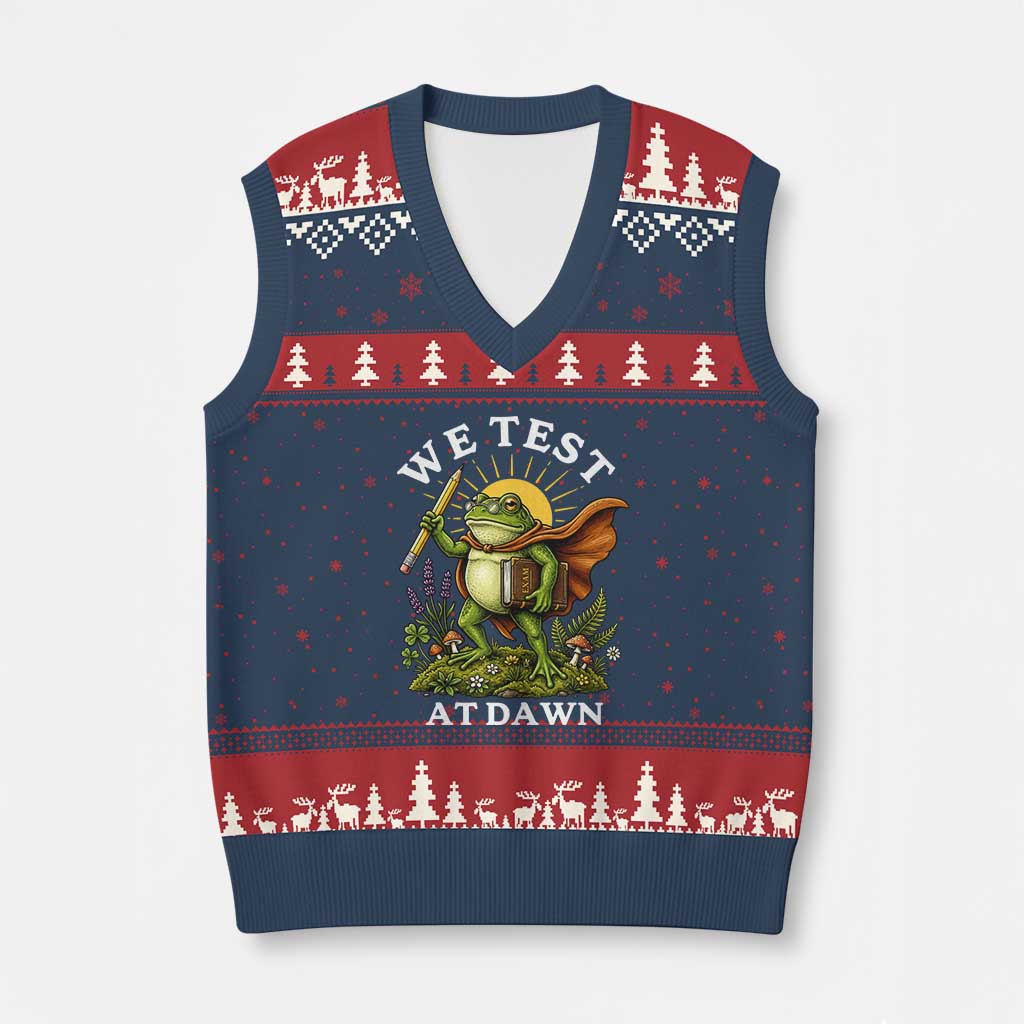 We Test At Dawn Heroic Frog Cottagecore V-Neck Knit Sweater Vest Vintage Teacher Student Motivational Testing Day TS02 Navy Red Print Your Wear