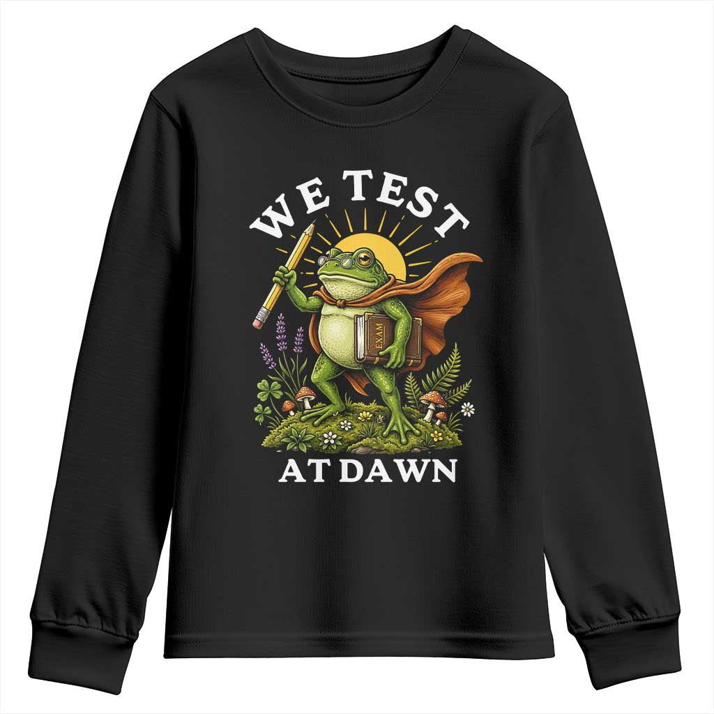 We Test At Dawn Heroic Frog Cottagecore Youth Sweatshirt Vintage Teacher Student Motivational Testing Day TS02 Black Print Your Wear