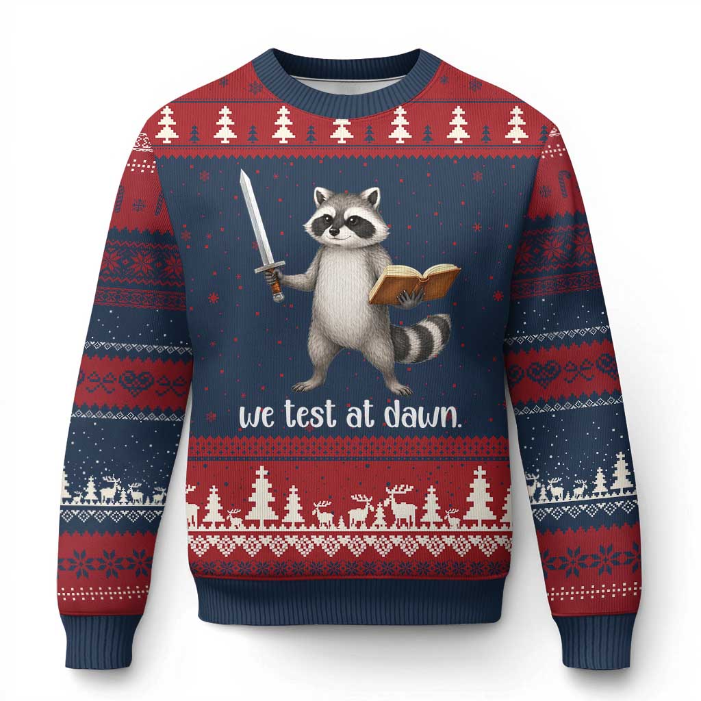 We Test At Dawn Raccoon Warrior Ugly Christmas Sweater Funny Student Teacher Exam Motivation TS02 Navy Red Print Your Wear