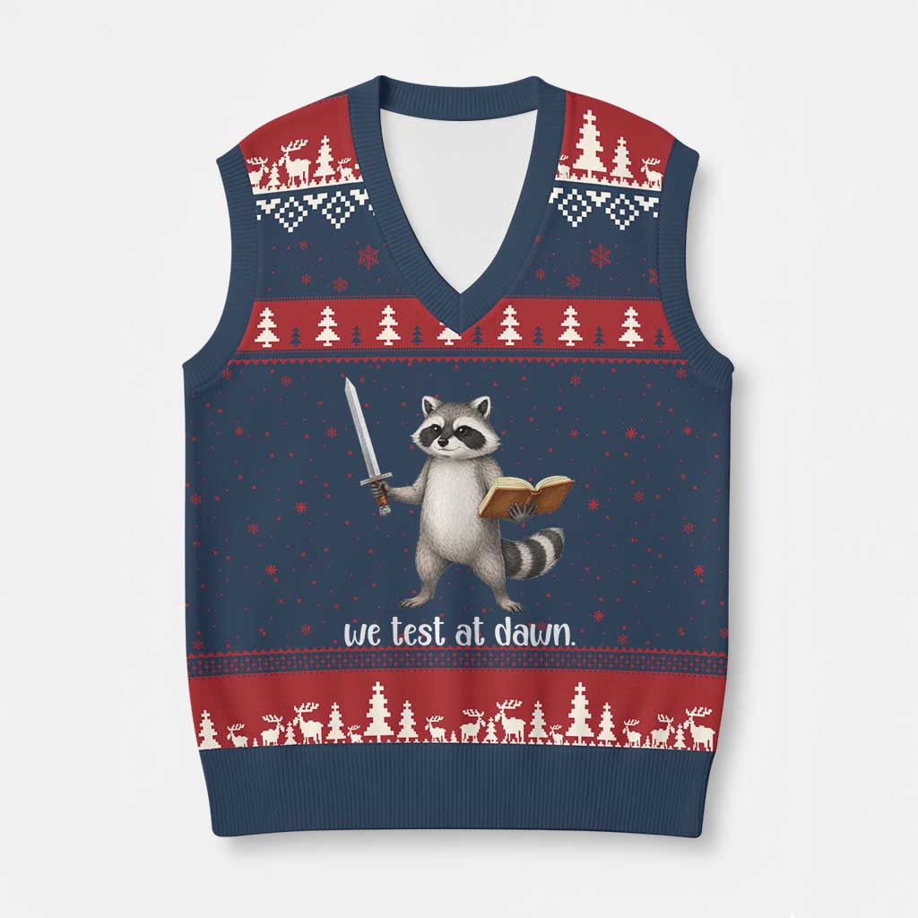 We Test At Dawn Raccoon Warrior V-Neck Knit Sweater Vest Funny Student Teacher Exam Motivation TS02 Navy Red Print Your Wear