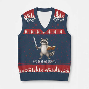 We Test At Dawn Raccoon Warrior V-Neck Knit Sweater Vest Funny Student Teacher Exam Motivation TS02 Navy Red Print Your Wear