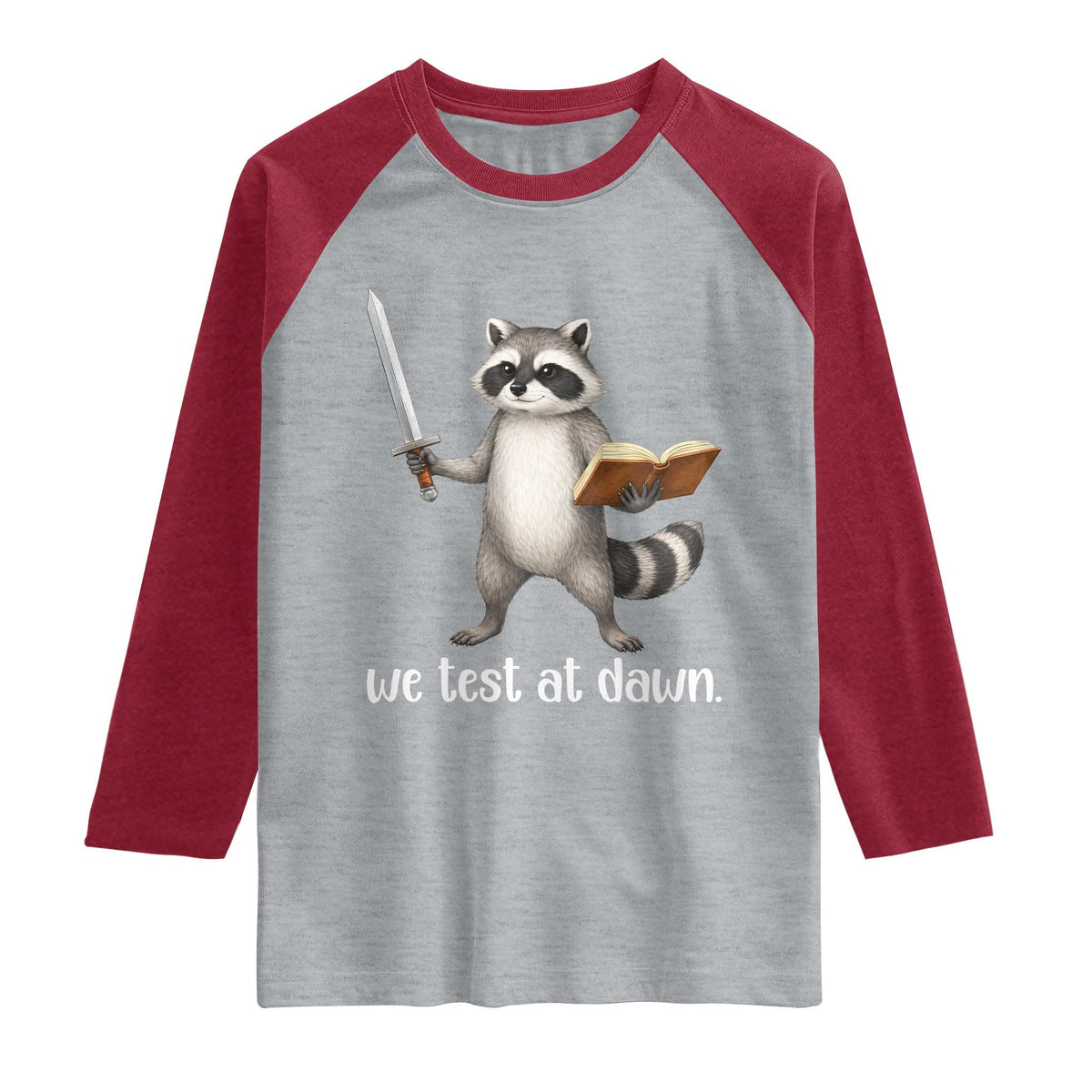 We Test At Dawn Raccoon Warrior Raglan Shirt Funny Student Teacher Exam Motivation TS02 Heather Gray Heather Red Print Your Wear