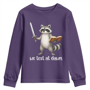 We Test At Dawn Raccoon Warrior Youth Sweatshirt Funny Student Teacher Exam Motivation TS02 Purple Print Your Wear