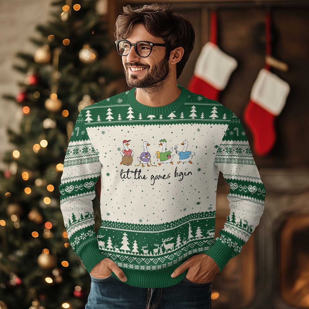 Let the Games Begin Cute Geese Ugly Christmas Sweater Field Day Whimsical School Sports TS02 Beige Green Print Your Wear