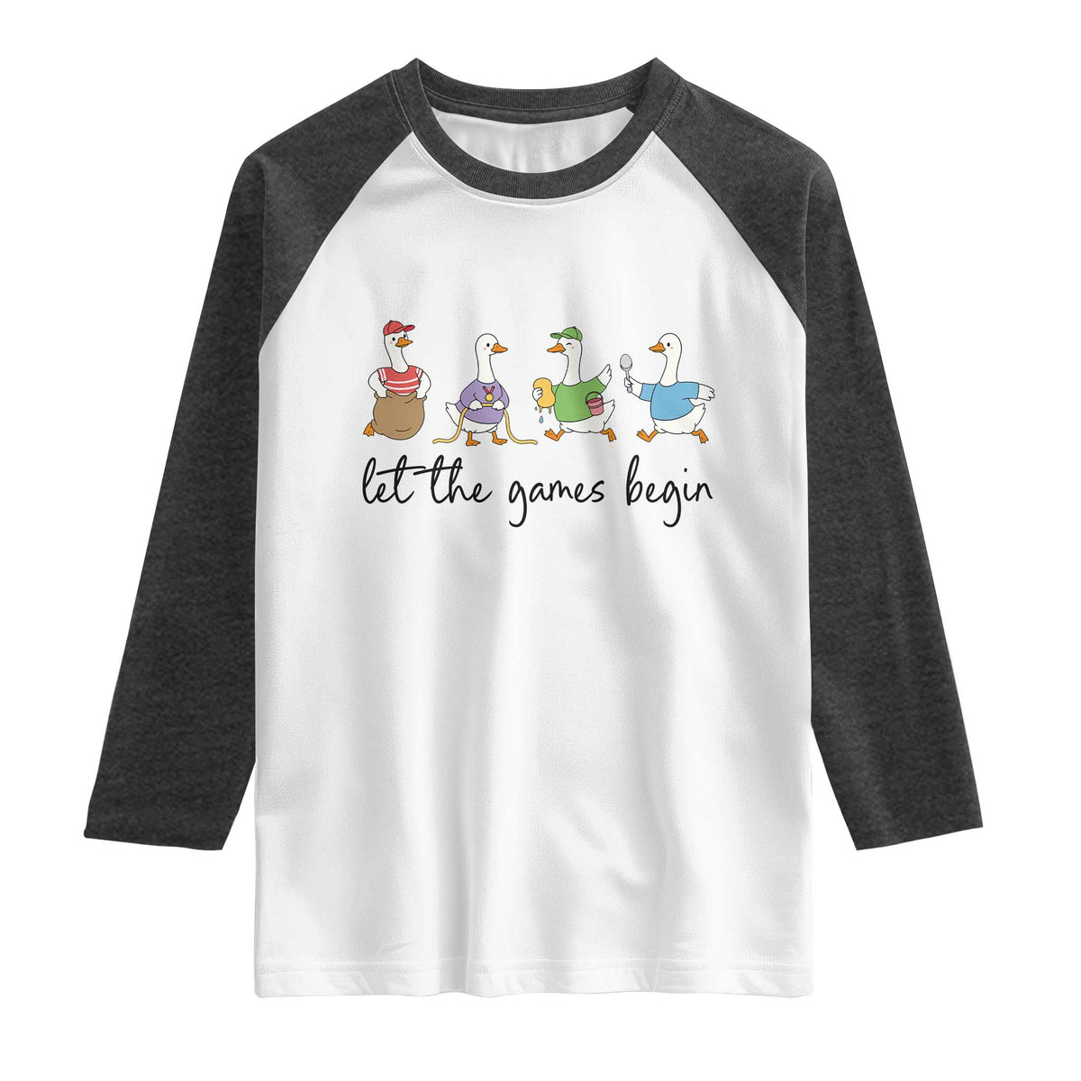 Let the Games Begin Cute Geese Raglan Shirt Field Day Whimsical School Sports TS02 White Heather Charcoal Print Your Wear