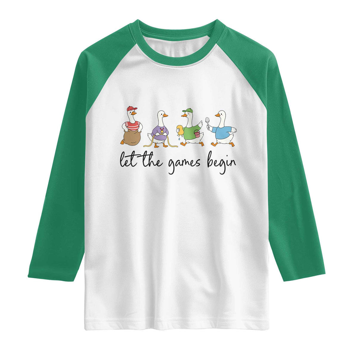 Let the Games Begin Cute Geese Raglan Shirt Field Day Whimsical School Sports TS02 White Kelly Green Print Your Wear