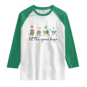 Let the Games Begin Cute Geese Raglan Shirt Field Day Whimsical School Sports TS02 White Kelly Green Print Your Wear