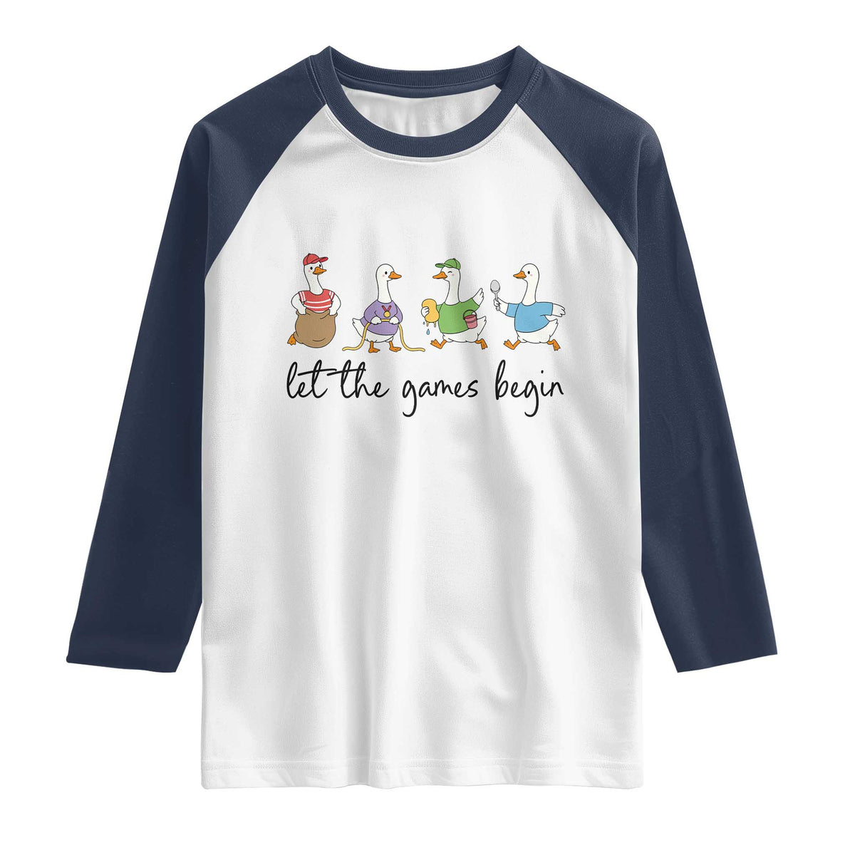 Let the Games Begin Cute Geese Raglan Shirt Field Day Whimsical School Sports TS02 White Navy Print Your Wear