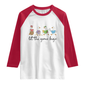 Let the Games Begin Cute Geese Raglan Shirt Field Day Whimsical School Sports TS02 White Red Print Your Wear