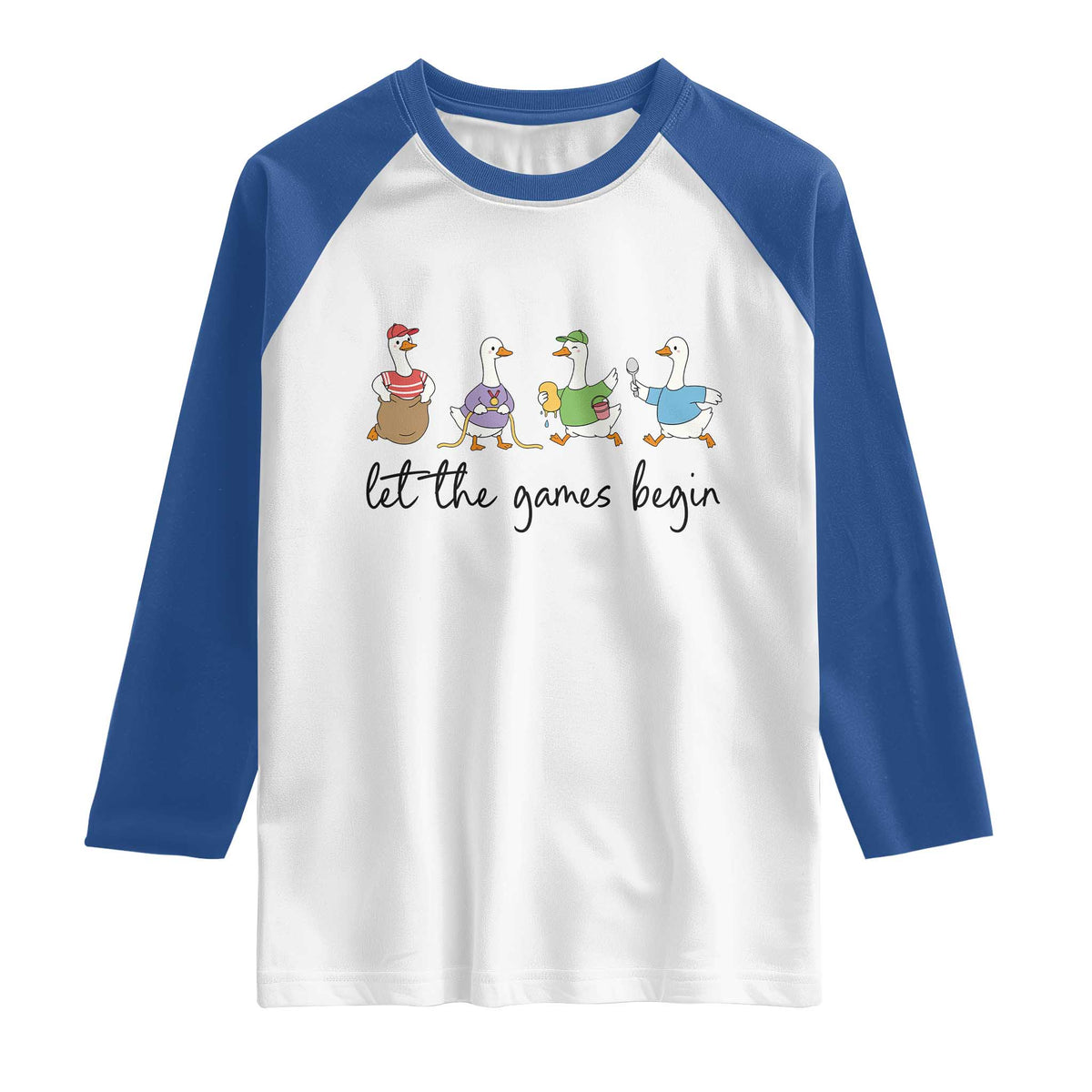 Let the Games Begin Cute Geese Raglan Shirt Field Day Whimsical School Sports TS02 White Royal Print Your Wear