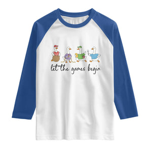 Let the Games Begin Cute Geese Raglan Shirt Field Day Whimsical School Sports TS02 White Royal Print Your Wear