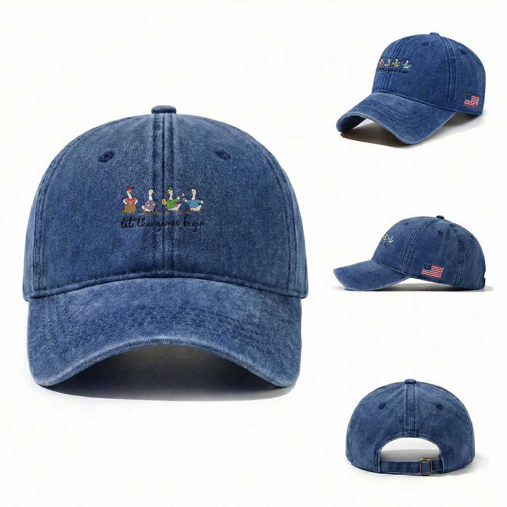 Let the Games Begin Cute Geese Washed Cotton Baseball Cap Field Day Whimsical School Sports TS02 Washed Cap Universal Fit Royal Blue Print Your Wear