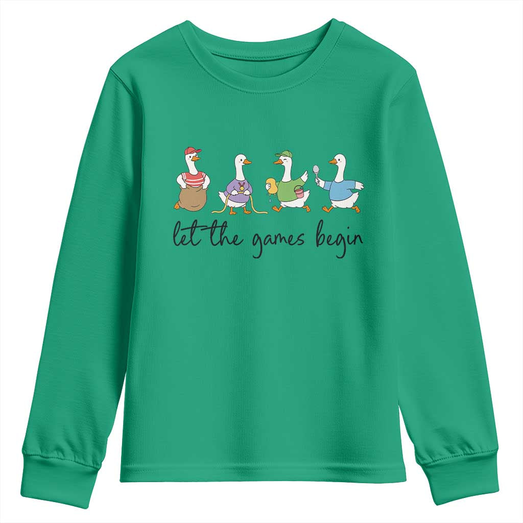Let the Games Begin Cute Geese Youth Sweatshirt Field Day Whimsical School Sports TS02 Irish Green Print Your Wear