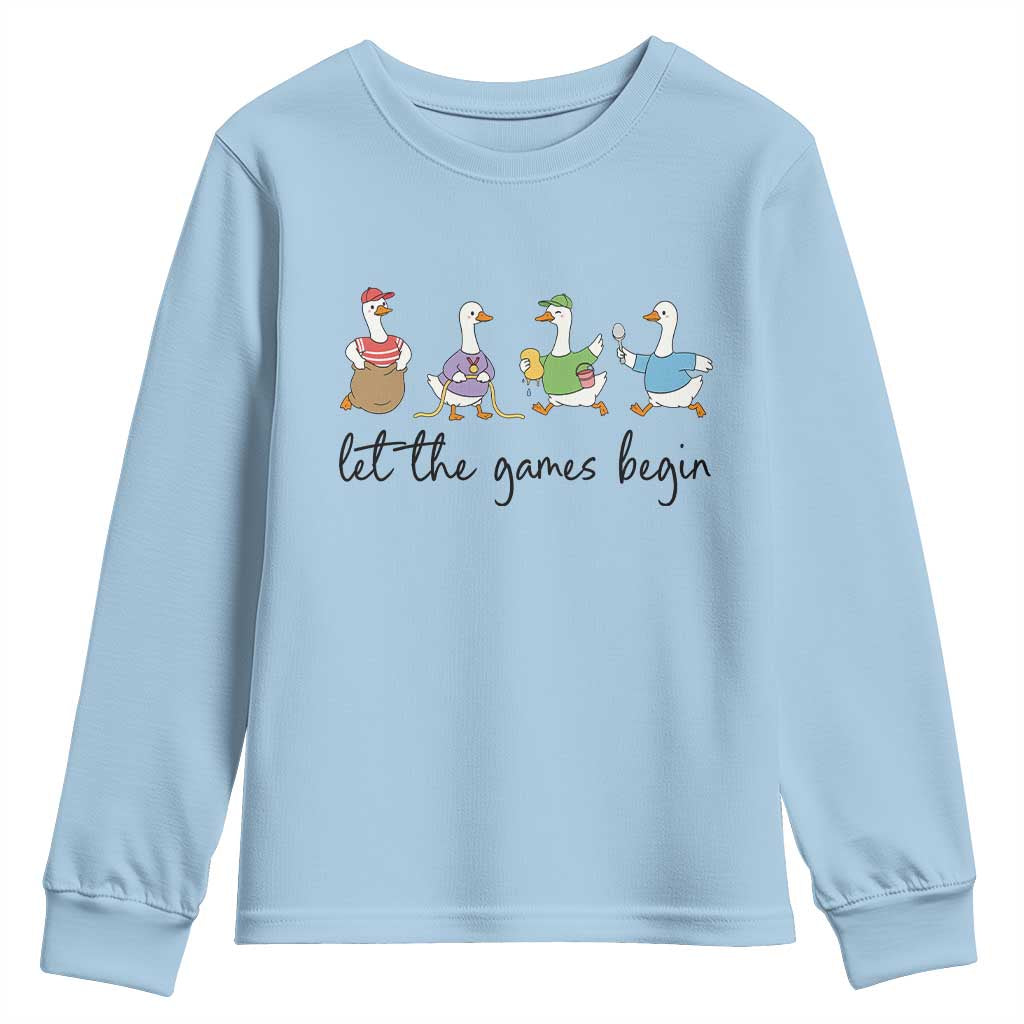 Let the Games Begin Cute Geese Youth Sweatshirt Field Day Whimsical School Sports TS02 Light Blue Print Your Wear