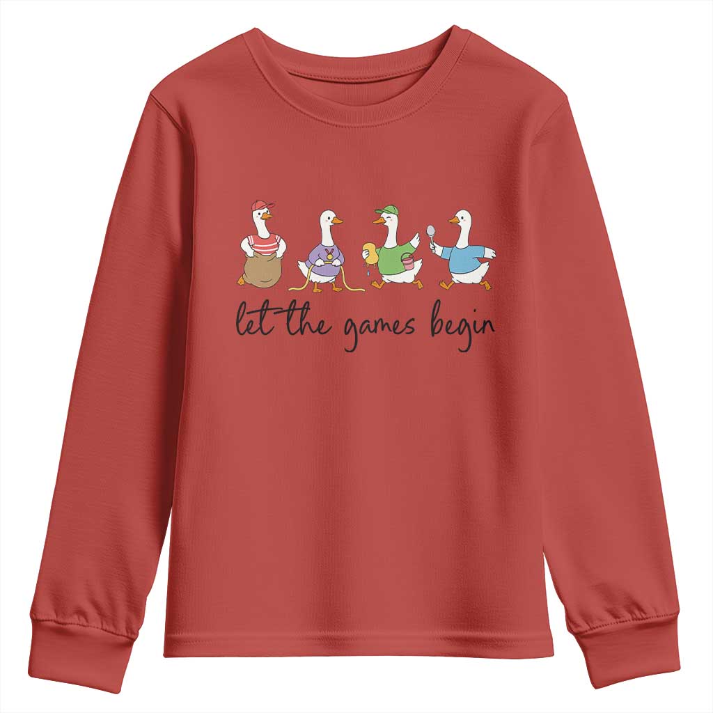 Let the Games Begin Cute Geese Youth Sweatshirt Field Day Whimsical School Sports TS02 Red Print Your Wear