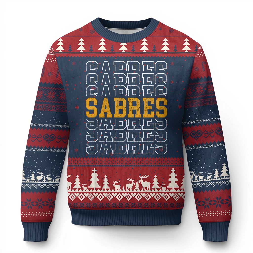 Retro Sabres Name Script Style Ugly Christmas Sweater Vintage Distressed Sports Spirit Fan Pride TS02 Navy Red Print Your Wear