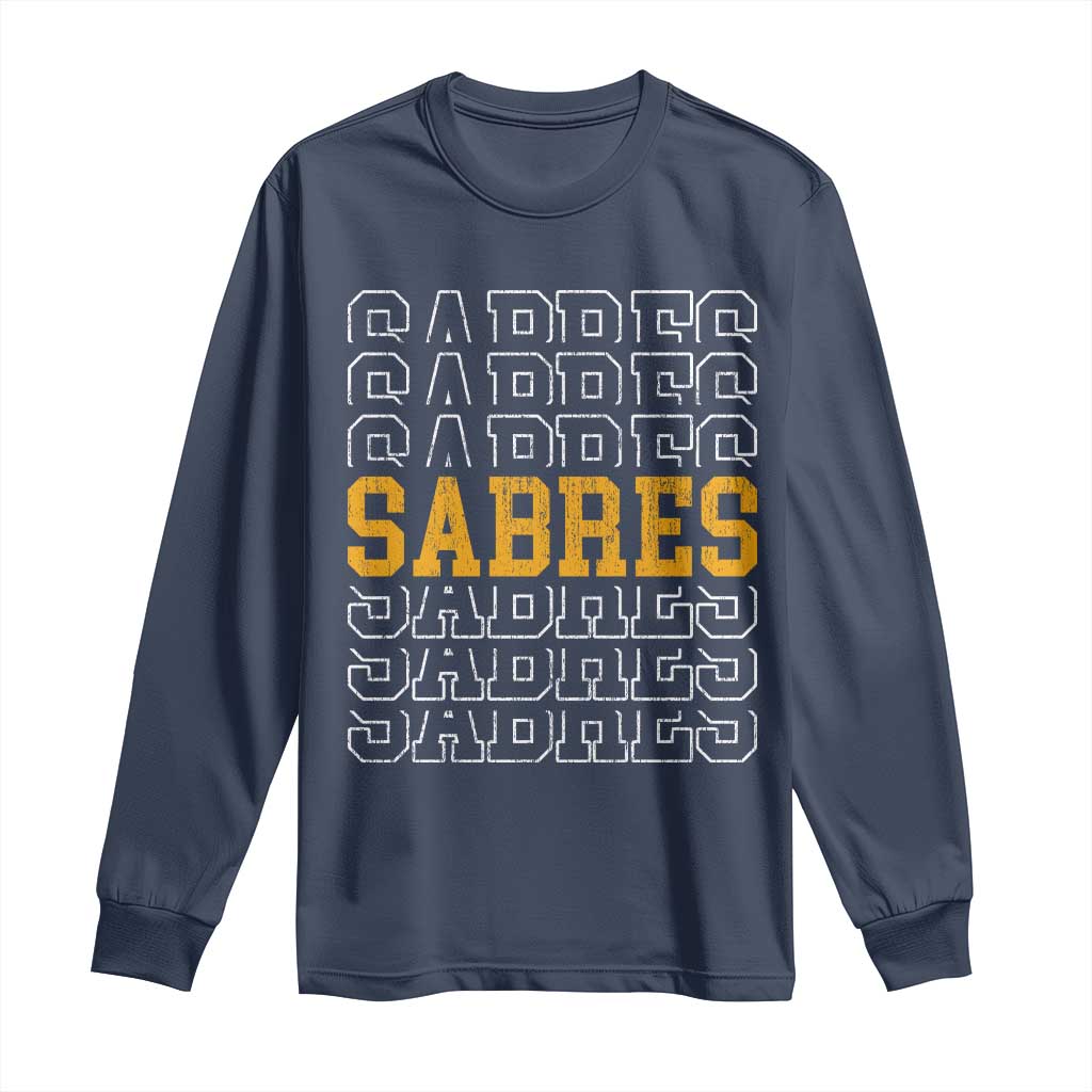 Retro Sabres Name Script Style Long Sleeve Shirt Vintage Distressed Sports Spirit Fan Pride TS02 Navy Print Your Wear