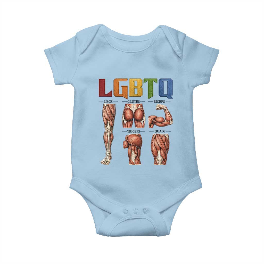 LGBTQ Acronym Funny Fitness Gym Rainbow Muscle Graphic Baby Onesie Legs Glutes Biceps Triceps Quads TS02 Light Blue Print Your Wear