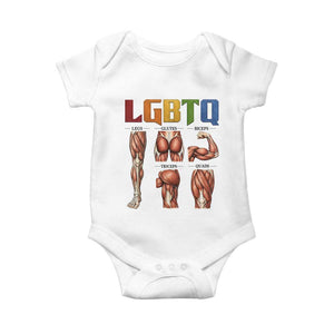 LGBTQ Acronym Funny Fitness Gym Rainbow Muscle Graphic Baby Onesie Legs Glutes Biceps Triceps Quads TS02 White Print Your Wear