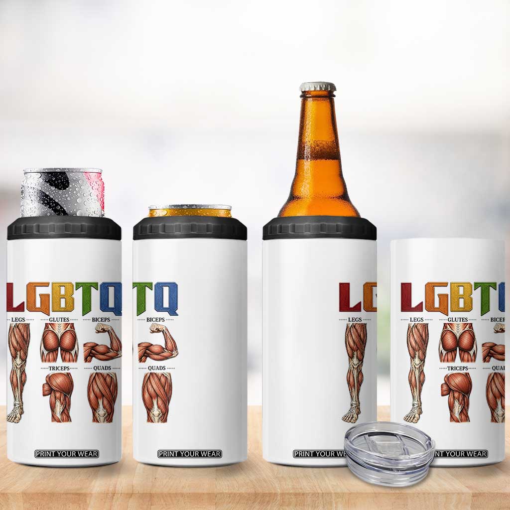 LGBTQ Acronym Funny Fitness Gym Rainbow Muscle Graphic 4 in 1 Can Cooler Tumbler Legs Glutes Biceps Triceps Quads TS02 Print Your Wear
