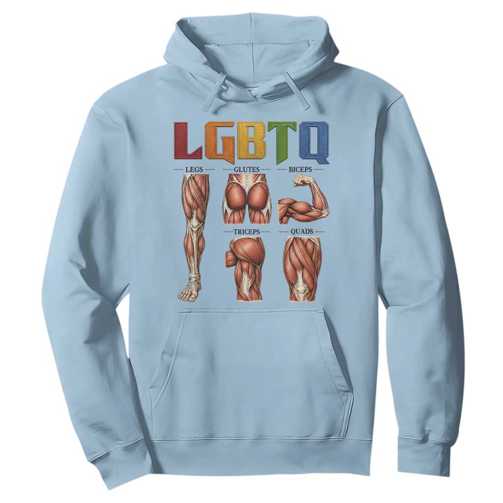 LGBTQ Acronym Funny Fitness Gym Rainbow Muscle Graphic Hoodie Legs Glutes Biceps Triceps Quads TS02 Light Blue Print Your Wear