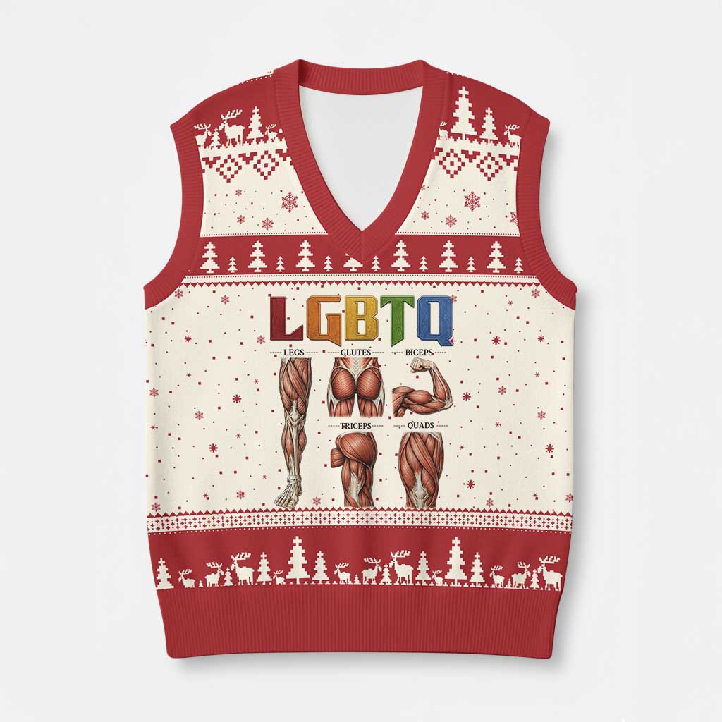 LGBTQ Acronym Funny Fitness Gym Rainbow Muscle Graphic V-Neck Knit Sweater Vest Legs Glutes Biceps Triceps Quads TS02 Beige Red Print Your Wear