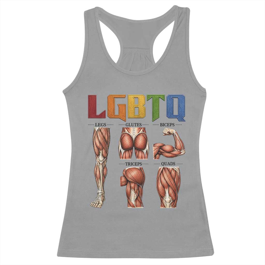 LGBTQ Acronym Funny Fitness Gym Rainbow Muscle Graphic Racerback Tank Top Legs Glutes Biceps Triceps Quads TS02 Sport Gray Print Your Wear
