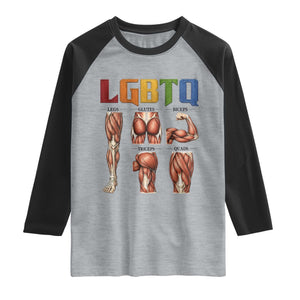 LGBTQ Acronym Funny Fitness Gym Rainbow Muscle Graphic Raglan Shirt Legs Glutes Biceps Triceps Quads TS02 Heather Gray Black Print Your Wear