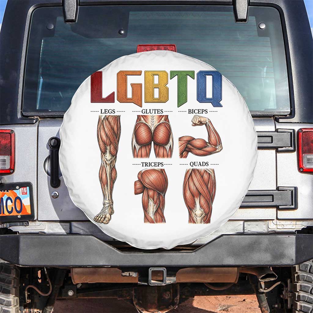 LGBTQ Acronym Funny Fitness Gym Rainbow Muscle Graphic Spare Tire Cover Legs Glutes Biceps Triceps Quads TS02 No hole White Print Your Wear