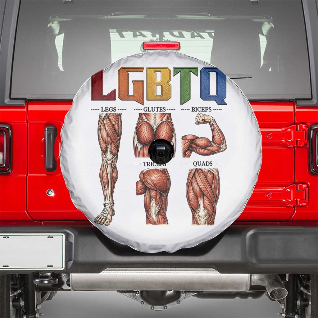 LGBTQ Acronym Funny Fitness Gym Rainbow Muscle Graphic Spare Tire Cover Legs Glutes Biceps Triceps Quads TS02 White Print Your Wear