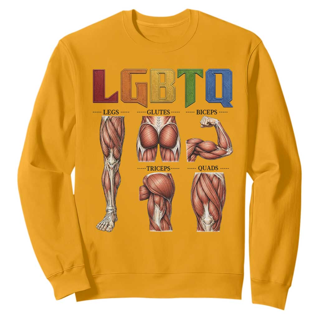 LGBTQ Acronym Funny Fitness Gym Rainbow Muscle Graphic Sweatshirt Legs Glutes Biceps Triceps Quads TS02 Gold Print Your Wear