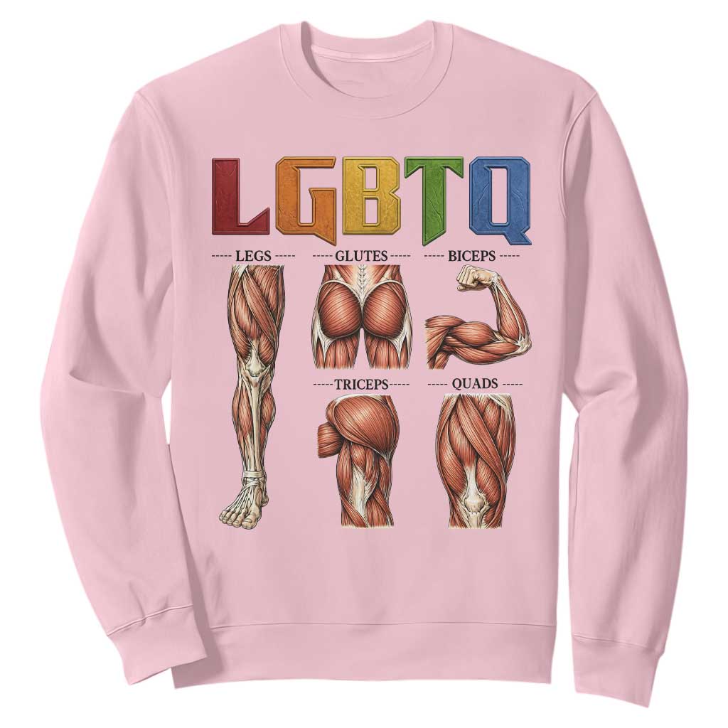 LGBTQ Acronym Funny Fitness Gym Rainbow Muscle Graphic Sweatshirt Legs Glutes Biceps Triceps Quads TS02 Light Pink Print Your Wear